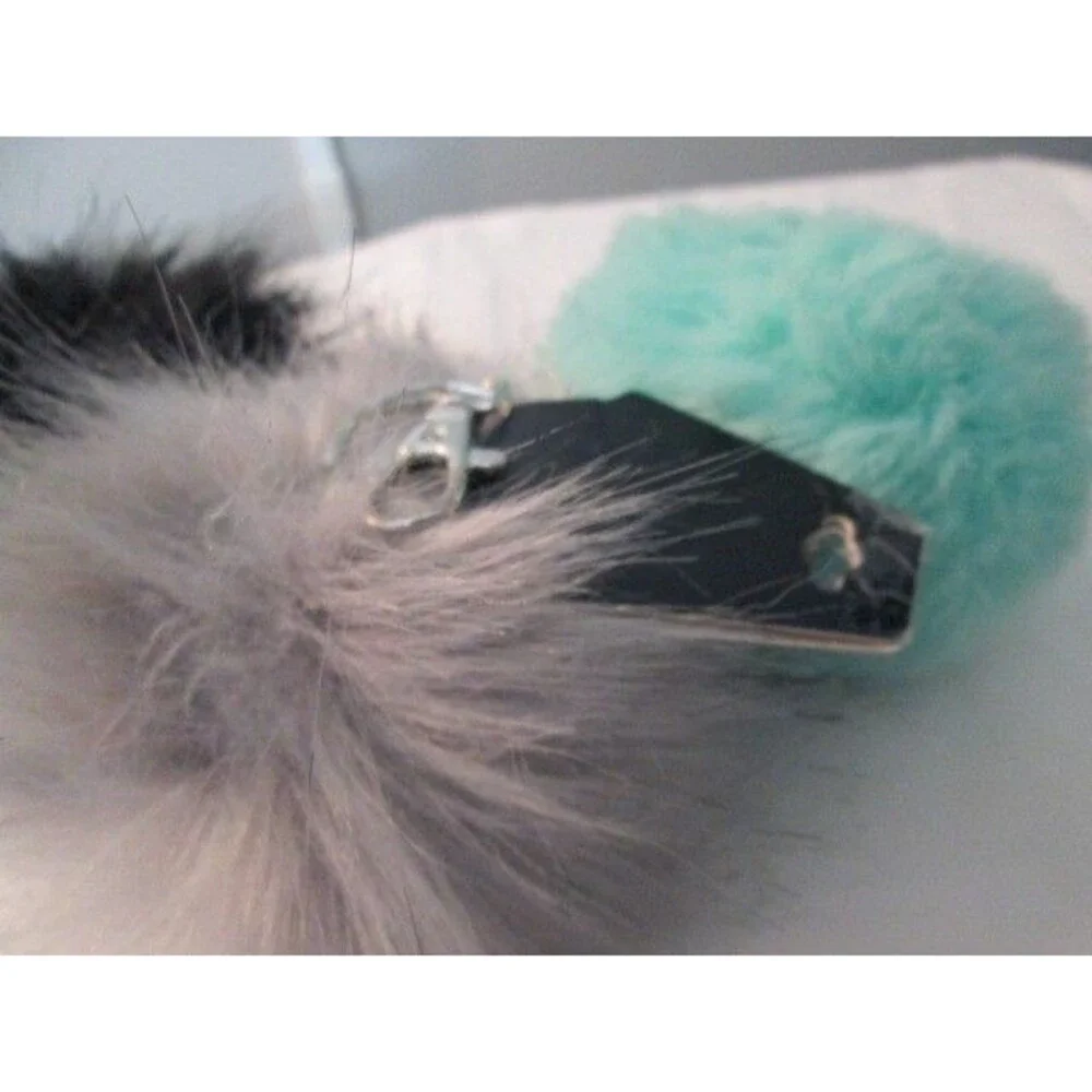 SET OF 3 PUFF BALL KEYCHAINS KEYRING RHINESTONE TEDDY BEAR, BULLDOG, GREY